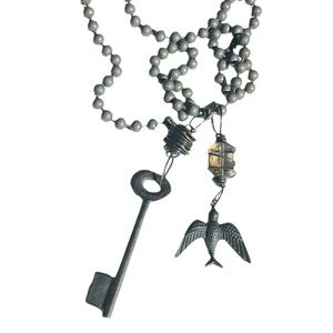 Gunmetal Steampunk Chunky Statement Necklace Bird & Key Pendants